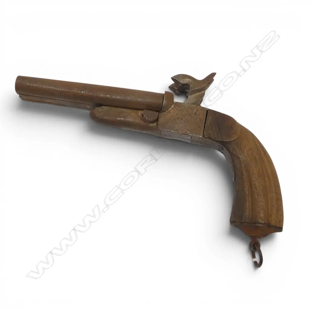 ANTIQUE DOUBLE BARREL PINFIRE PISTOL double barrel twin hammers w lanyard ring to butt. Triggers not folding down. Image 1++