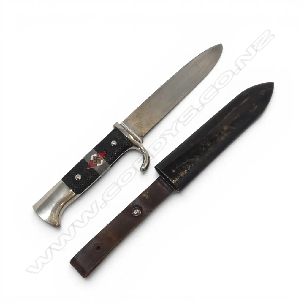 GERMAN YOUTH KNIFE 'FAHRTENMESSER' the inlaid enamel diamond loose. In ebonised scabbard. Solingen blade Image 1++