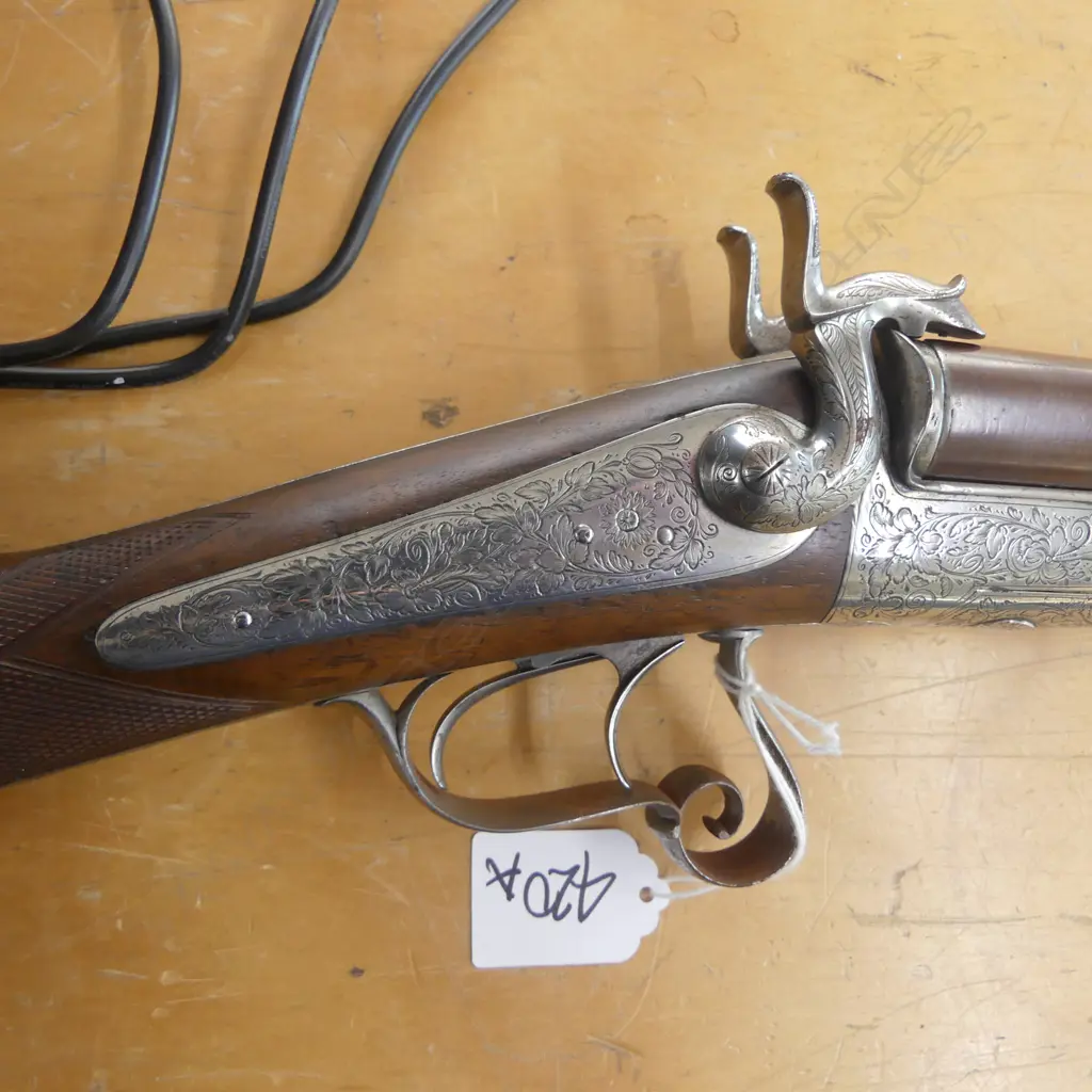 Late 19thC European double damascus barrel 16 gauge. Possibly Lefaucheux. Engraved silvered metalwork. Scrolling... Image 1++
