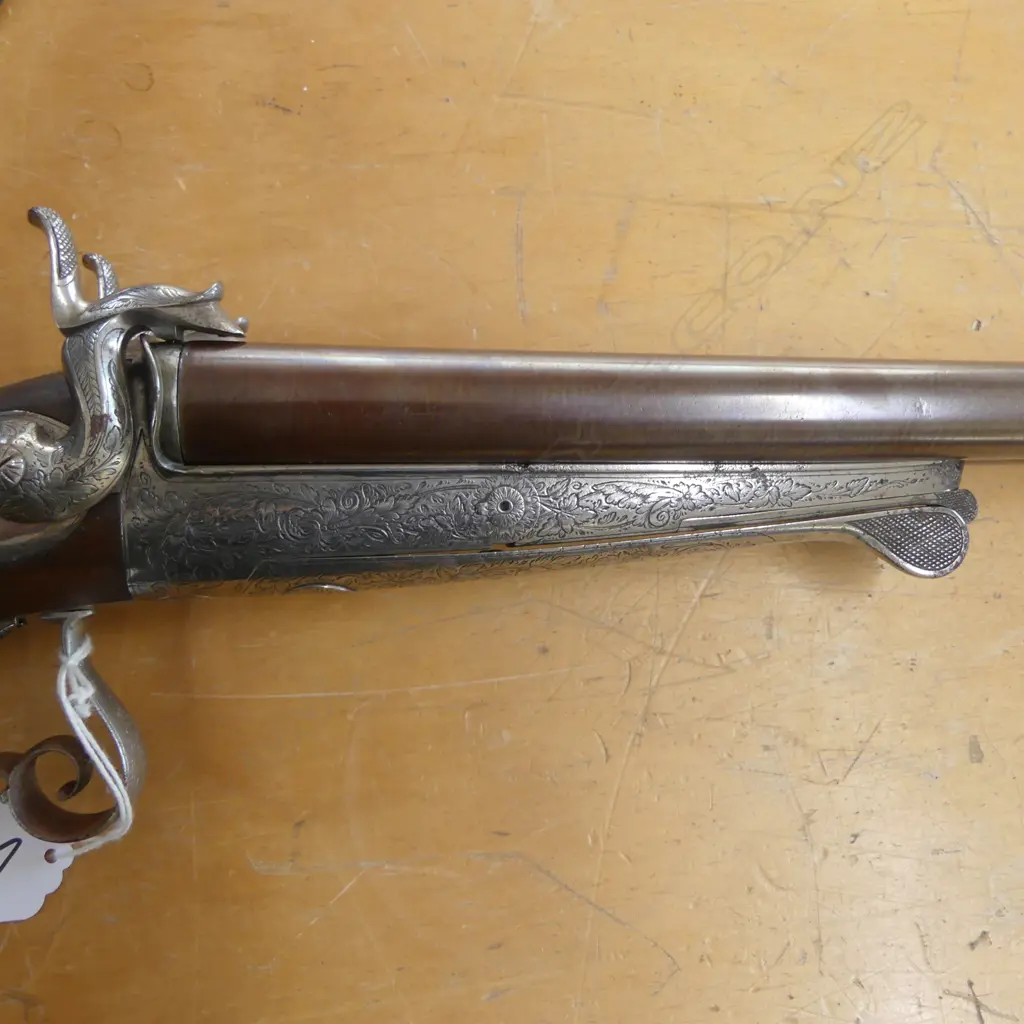 Late 19thC European double damascus barrel 16 gauge. Possibly Lefaucheux. Engraved silvered metalwork. Scrolling... Image 1++