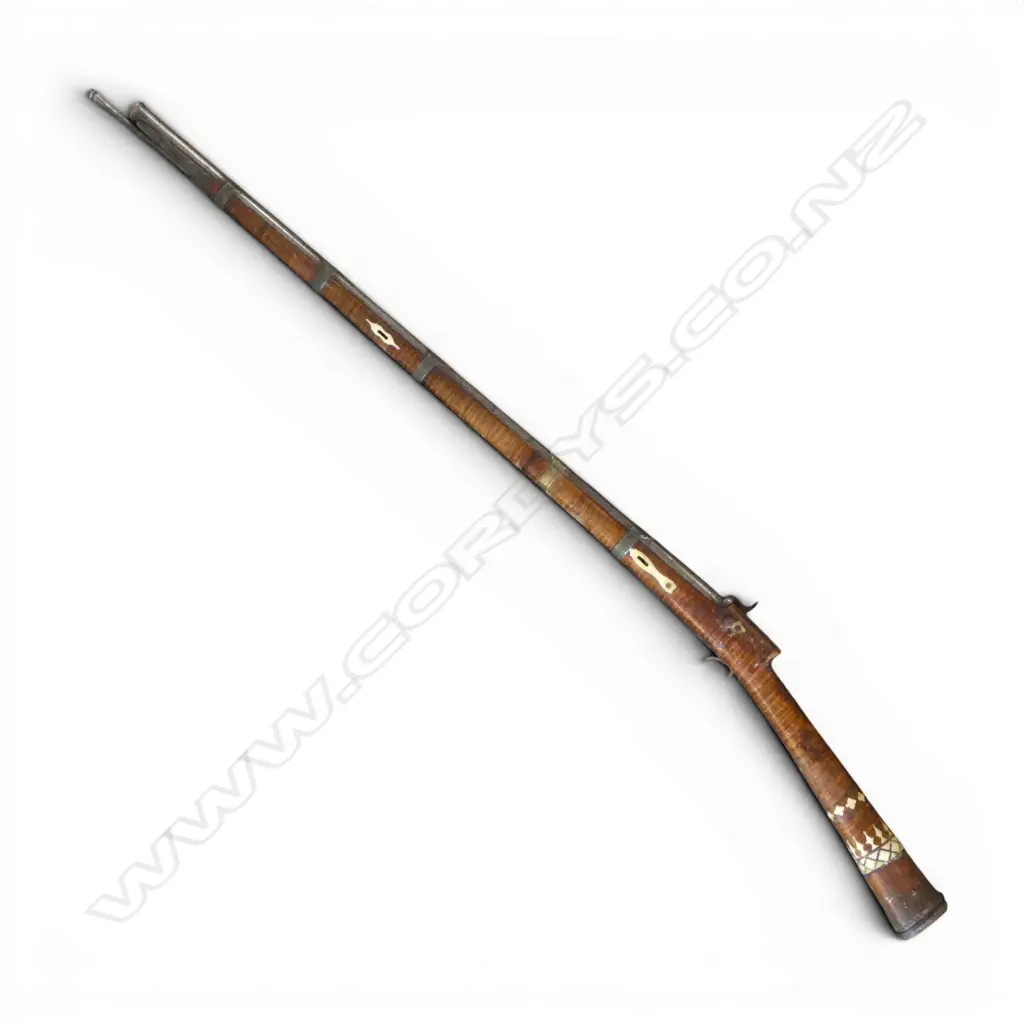 19thC ALGERIAN KABYLE STYLE MUSKET convert from flintlock to percussion cap bone inlay. Cap end coming loose  Image 1++