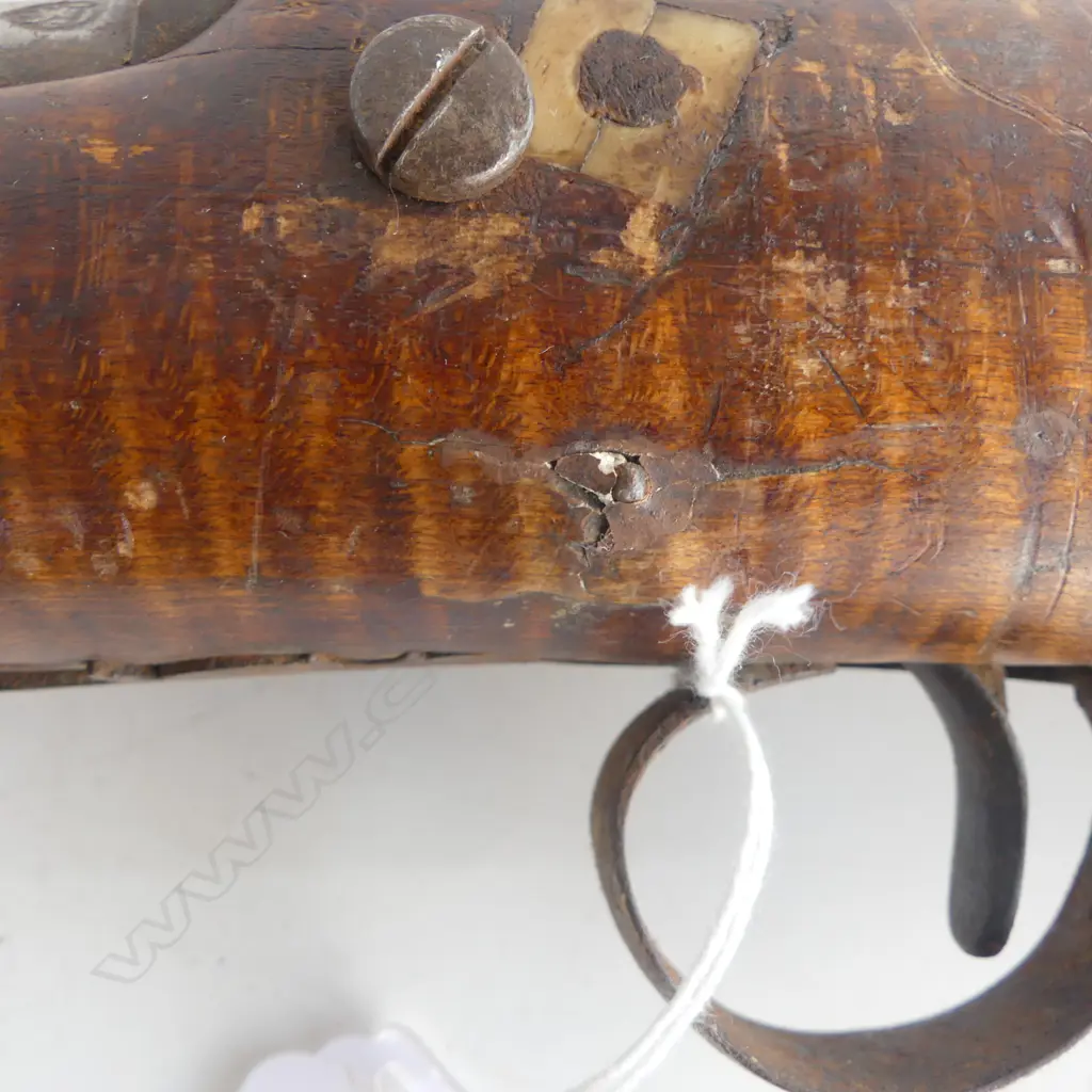 19thC ALGERIAN KABYLE STYLE MUSKET convert from flintlock to percussion cap bone inlay. Cap end coming loose Image 1++