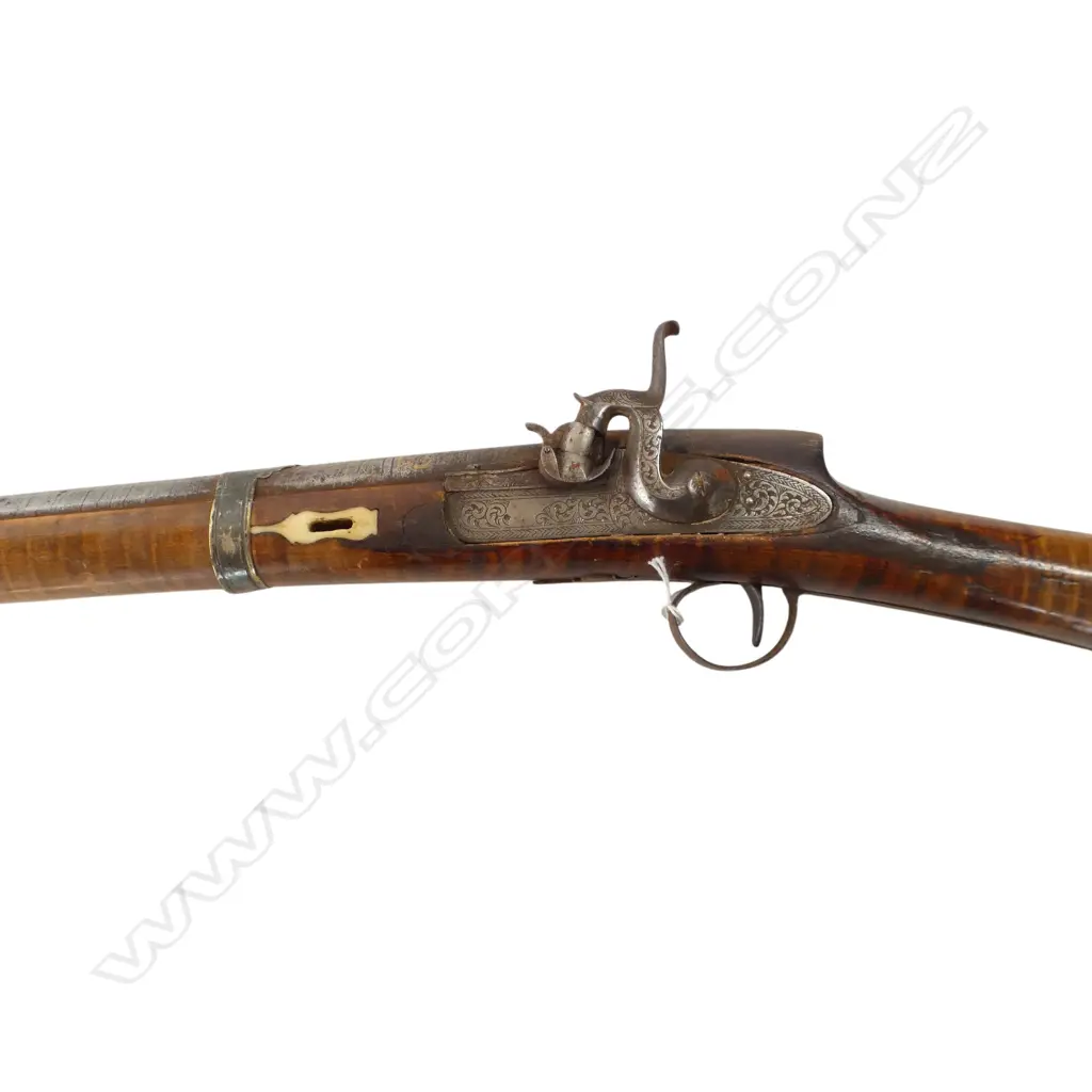 19thC ALGERIAN KABYLE STYLE MUSKET convert from flintlock to percussion cap bone inlay. Cap end coming loose  Image 1++