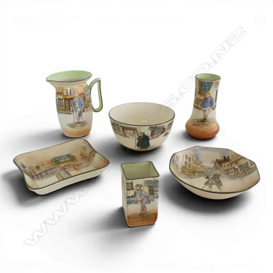 6 PCS ROYAL DOULTON 'DICKENS WARE'; JUG, 2 VASES, BOWL & 2 DISHES