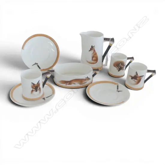 ASST. ROYAL DOULTON FOX PAT. CHINA; 3 DEMITASSE CANS w. SAUCERS, SUGAR & JUG H.115mm