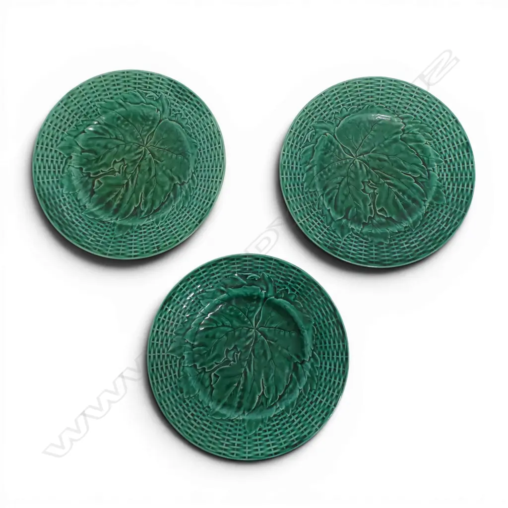 THREE ANTIQUE FRENCH MAJOLICA GRAPE LEAF & BASKETWEAVE PLATES, D.230MM  Image 1++