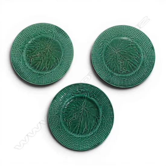 THREE ANTIQUE FRENCH MAJOLICA GRAPE LEAF & BASKETWEAVE PLATES, D.230MM 