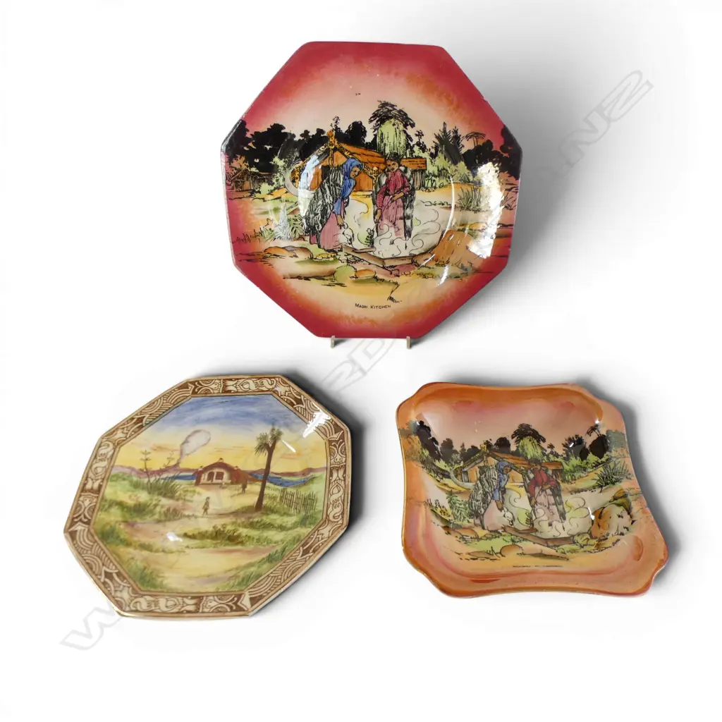 ROYAL WINTON HAND PAINTED 'MAORILAND' PLATE + 2 GRIMWADES 'MAORI WARE' MAORI KITCHEN PLATES chipped W.215mm Image 1++
