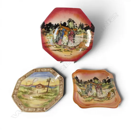 ROYAL WINTON HAND PAINTED 'MAORILAND' PLATE + 2 GRIMWADES 'MAORI WARE' MAORI KITCHEN PLATES chipped W.215mm