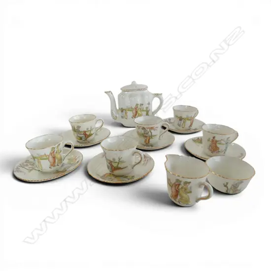 VICTORIAN 15PC MINIATURE CHINA TEA SET, ATLAS STOKE on TRENT, KATE GREENAWAY ILLUSTRATIONS