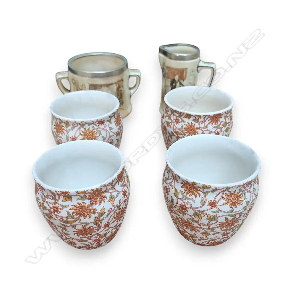 ROYAL DOULTON STONEWARE W SILVER-PLATED RIM AND FOUR CERAMIC CUPS Image 1++