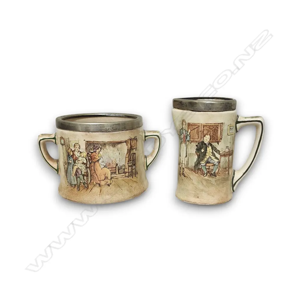 ROYAL DOULTON STONEWARE W SILVER-PLATED RIM AND FOUR CERAMIC CUPS Image 1++