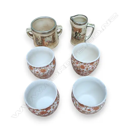 ROYAL DOULTON STONEWARE W SILVER-PLATED RIM AND FOUR CERAMIC CUPS
