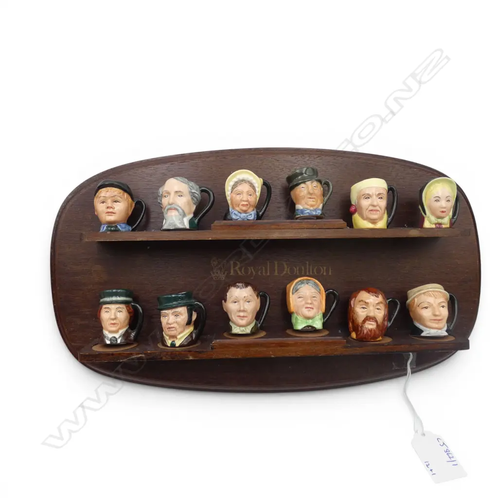 SET OF 12 ROYAL DOULTON TINYS  CHARACTER MUGS  H35MM WITH ORIGINAL WOOD STAND L340MM Image 1++