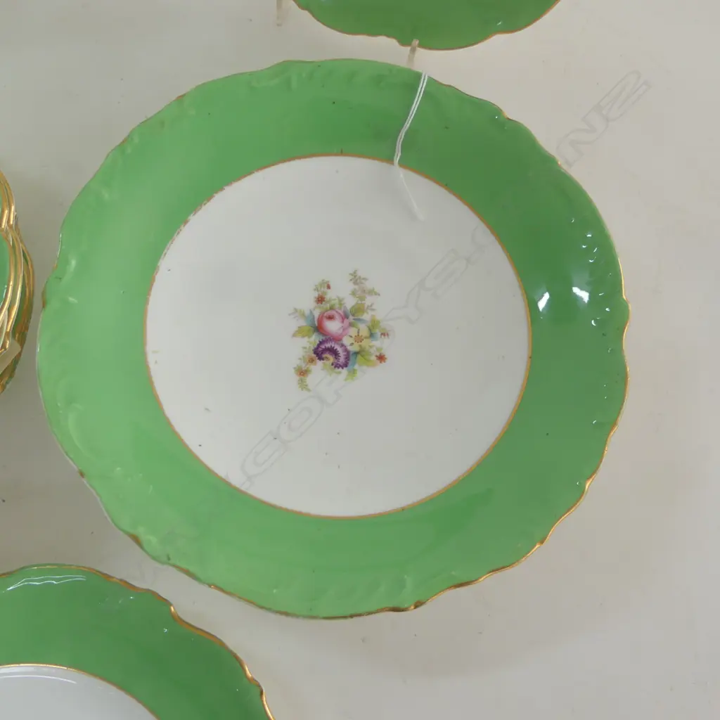 SET OF VICTORIAN PORCLAIN  9 PLATES & MATCHING FOOTED DISH GREEN & FLORAL COLOURWAY  DIA240 MM Image 1++