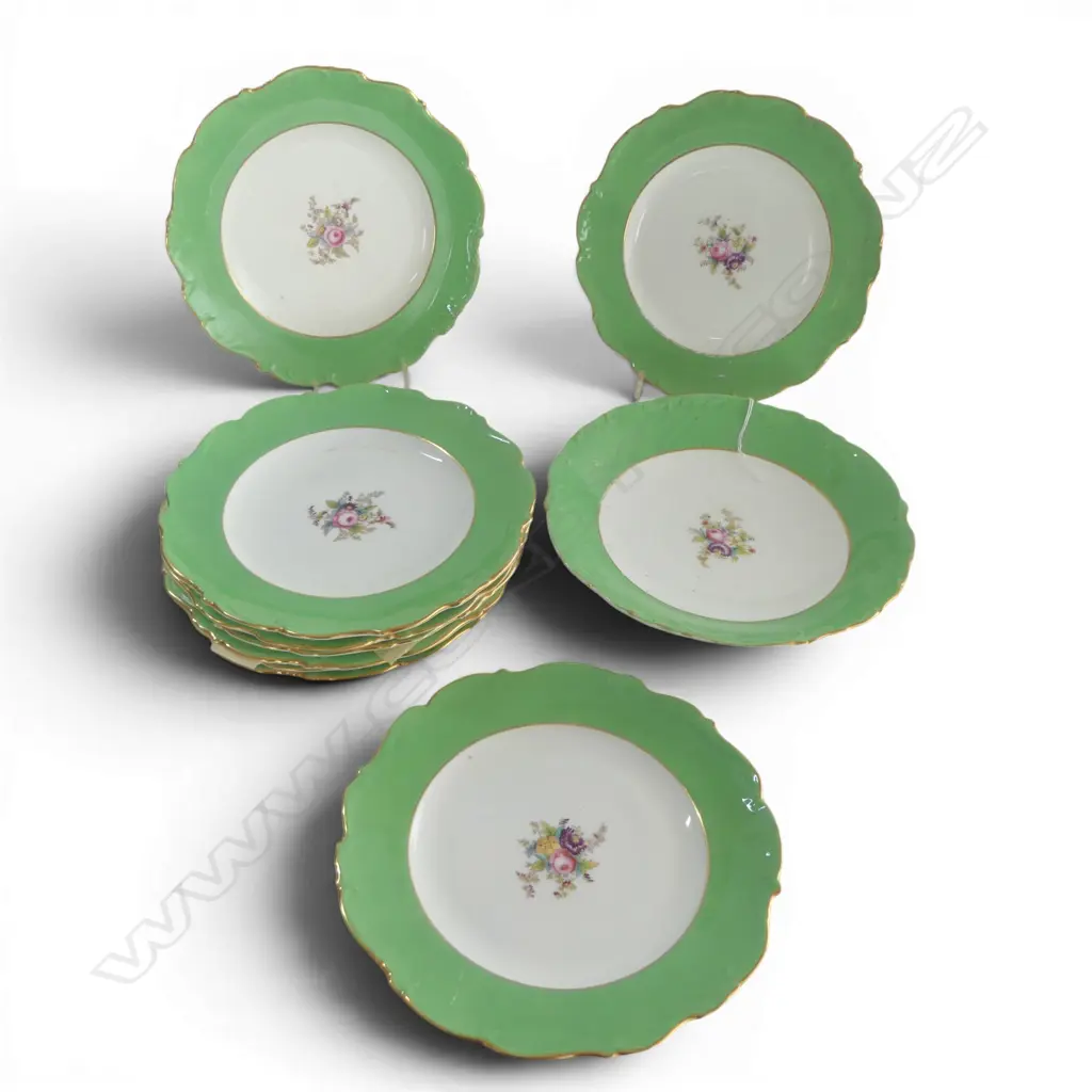 SET OF VICTORIAN PORCLAIN  9 PLATES & MATCHING FOOTED DISH GREEN & FLORAL COLOURWAY  DIA240 MM Image 1++