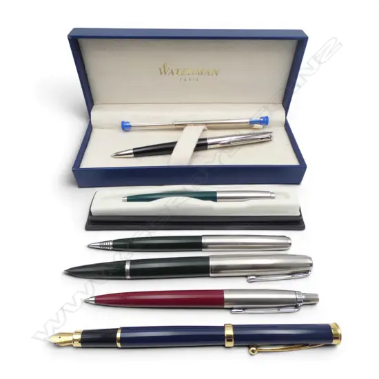 6 PENS; 4 PARKER, 1 WATERMAN + REFIL, OTHER