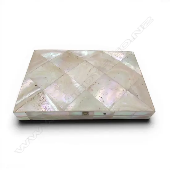 VICTORIAN mother of pearl engraved CARD CASE original blue & gilt interior