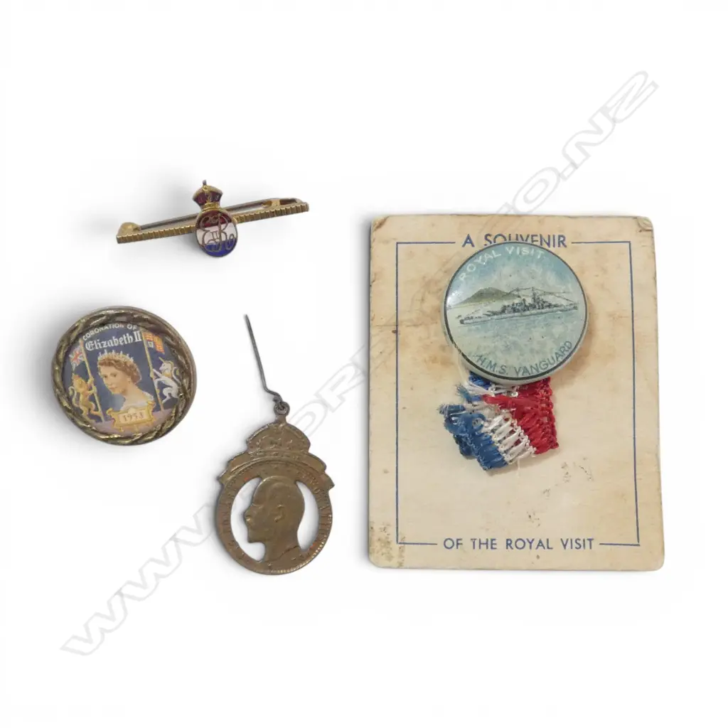 4 ROYALTY BADGES INCLUDING 1902 CORONATION. H.M.S VANGUARD 1949. Image 1++
