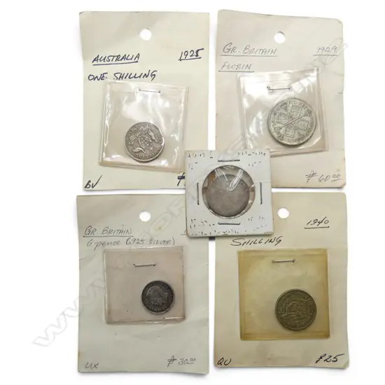 5 OLD COINS: 4 X GB: 1708 Queen Anne shilling + 1916 6p + 1929 Florin + 1940 shilling & Australia 1926 1 shilling