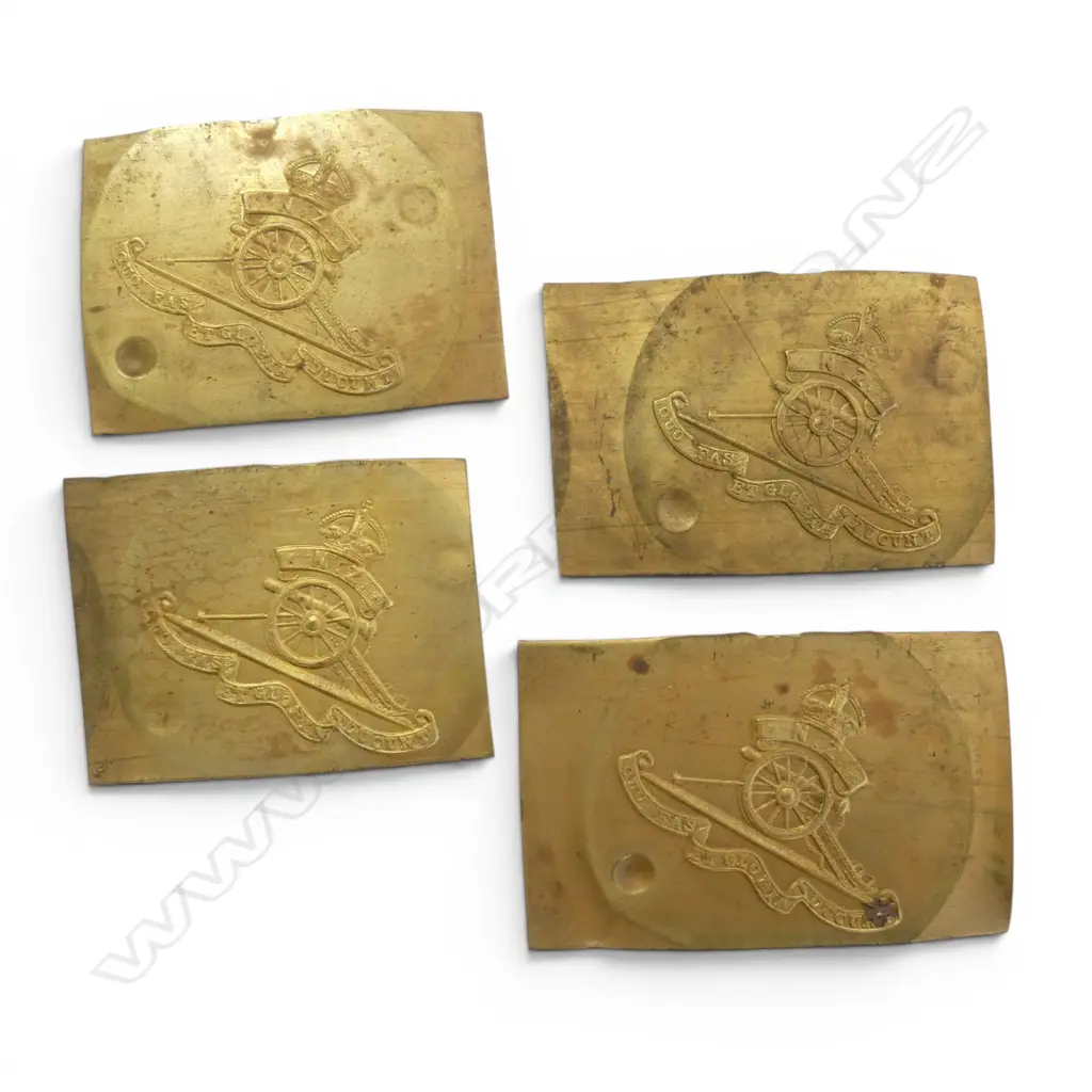 4 WW1 BRASS FIELD ARTILLERY CAP BADGES – BRASS PLATES UNCUT 105x65mm Image 1++