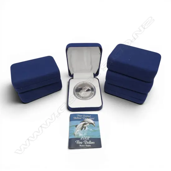 6 NZ CUPRO NICKEL FIVE DOLLAR UNC COINS, 2002 HECTORS DOLPHIN 