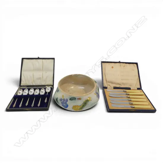 ROYAL DOULTON BRANGWYN WARE BOWL 205mm dia + 2 SETS CASED CUTLERY; 6 EP APOSTLE SPOONS, 6 PATE KNIVES