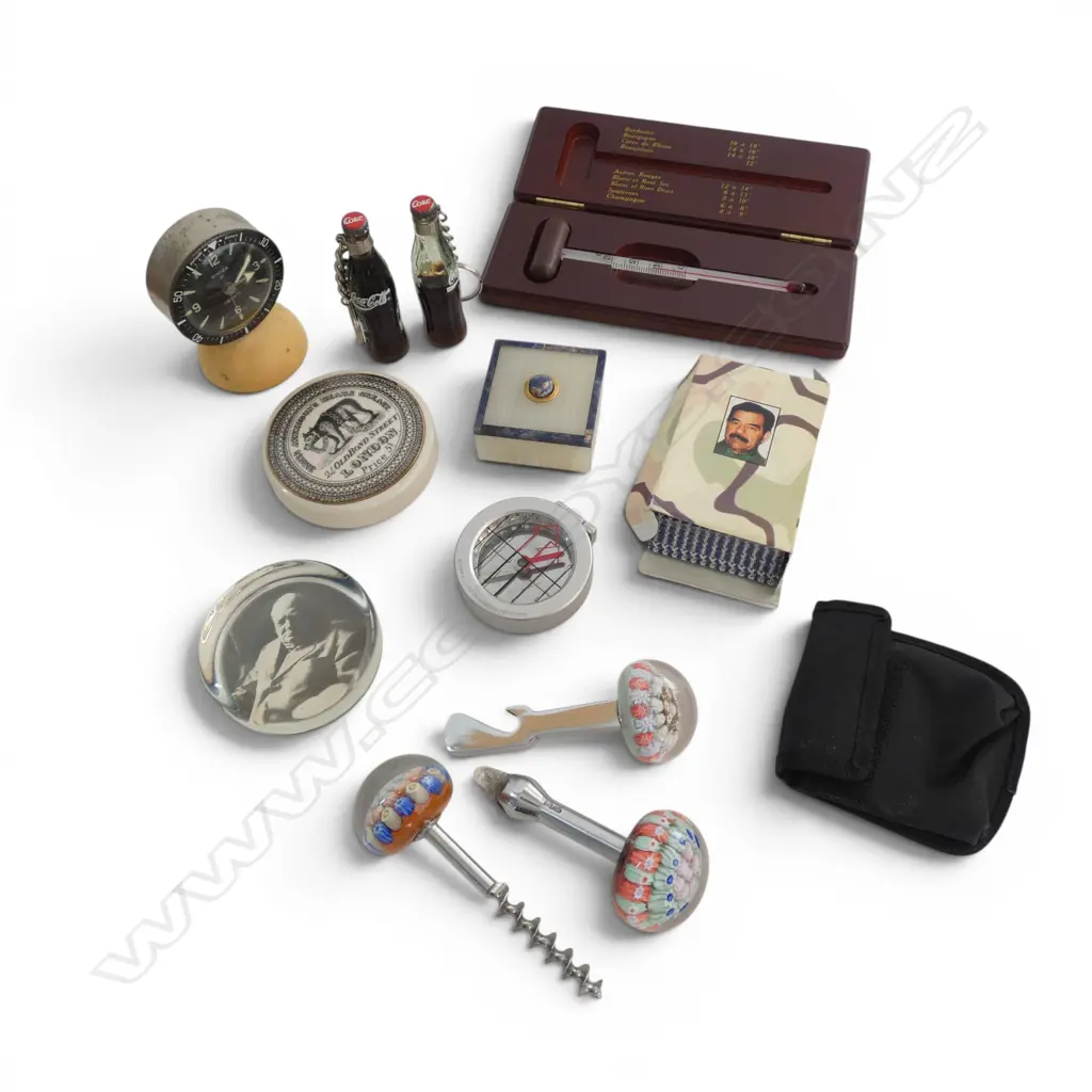 ASST. ITEMS; COMPASS, CHURCHILL PAPERWEIGHT, 2 COKE BOTTLE KEYRINGS, SWIZA CLOCK ETC Image 1++
