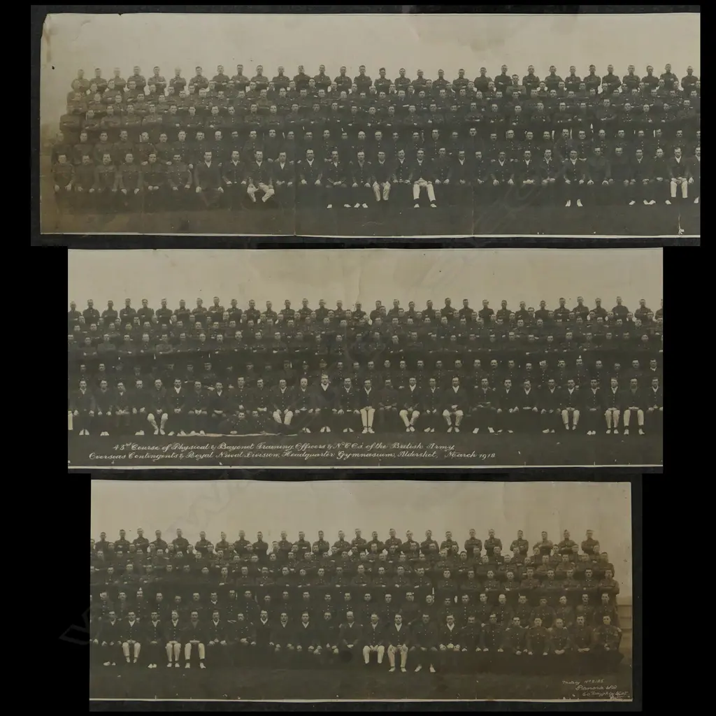 LONG FORMAT WW1 PHOTOGRAPH OF THE 43rd COURSE OF PHYSICAL & BAYONET TRAINING IN ALDERSHOT MARCH 1918 195x1440mm Image 1++