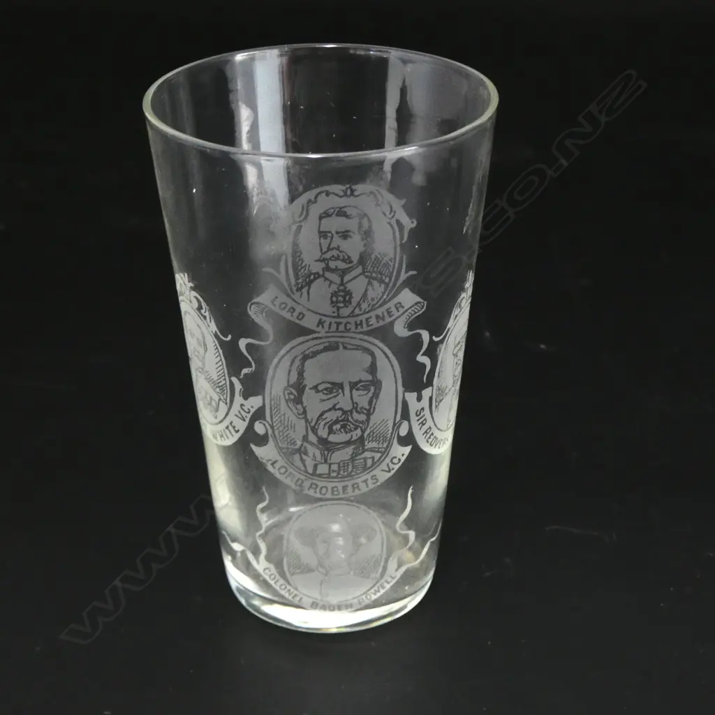 BOER WAR ETCHED GLASS TUMBLER KITCHENER, WHITE VC, ROBERTS VC, ETC H.100MM Image 1++