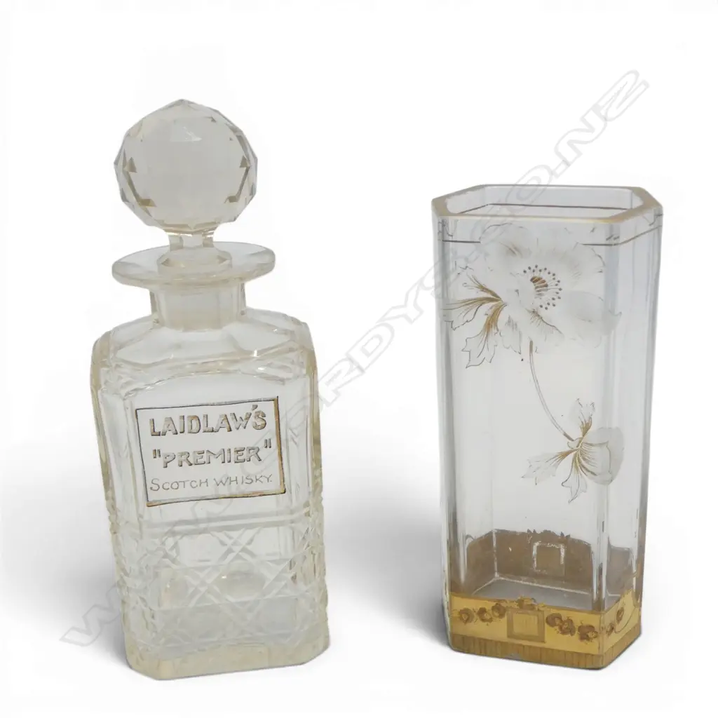 GILT & ETCHED ART DECO VASE & LAIDLAW'S SCOTCH WHISKEY DECANTER H.220mm Image 1++