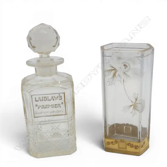 GILT & ETCHED ART DECO VASE & LAIDLAW'S SCOTCH WHISKEY DECANTER H.220mm