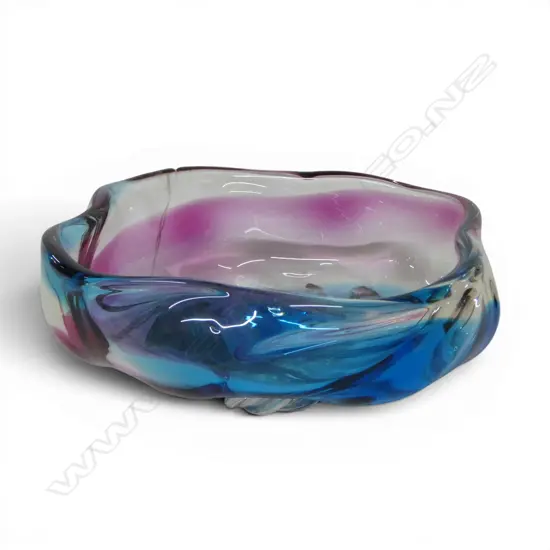PURPLE & BLUE ART GLASS BOWL, 250mm dia