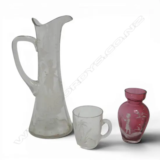 3 PCES OF MARY GREGORY GLASS; EWER, CUP & SMALL VASE small chips to rims H.220mm