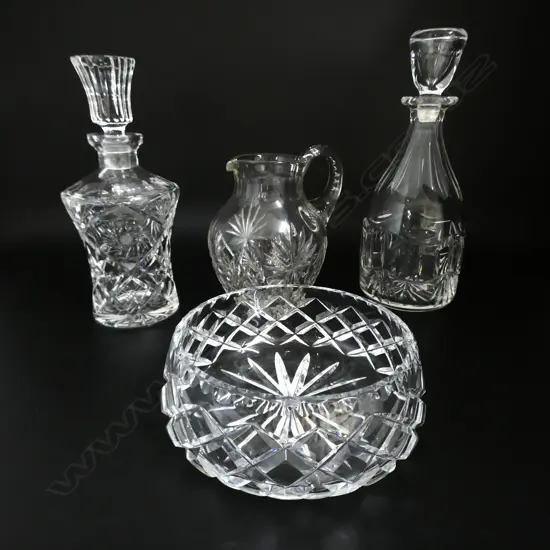 2 CRYSTAL DECANTERS CHIP TO 1 STOPPER H265MM TALLEST CRYSTAL JUG 160MM & CRYSTAL BOWL DIA 180-MM