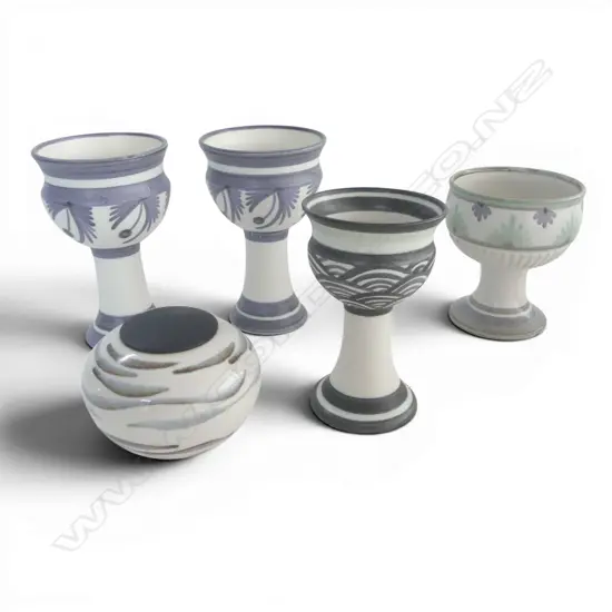 4 ANNEKE BORREN GOBLETS H155MM TALLEST & WOOD LIDDED JAR DIA110MM