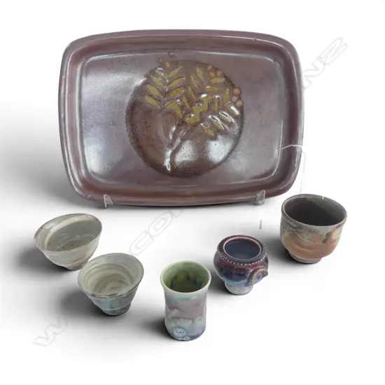 PAUL MELSER RECTANGULAR PLATTER L350MM & 5 SMALL POTTERY BEAKERS H80MM TALLEST