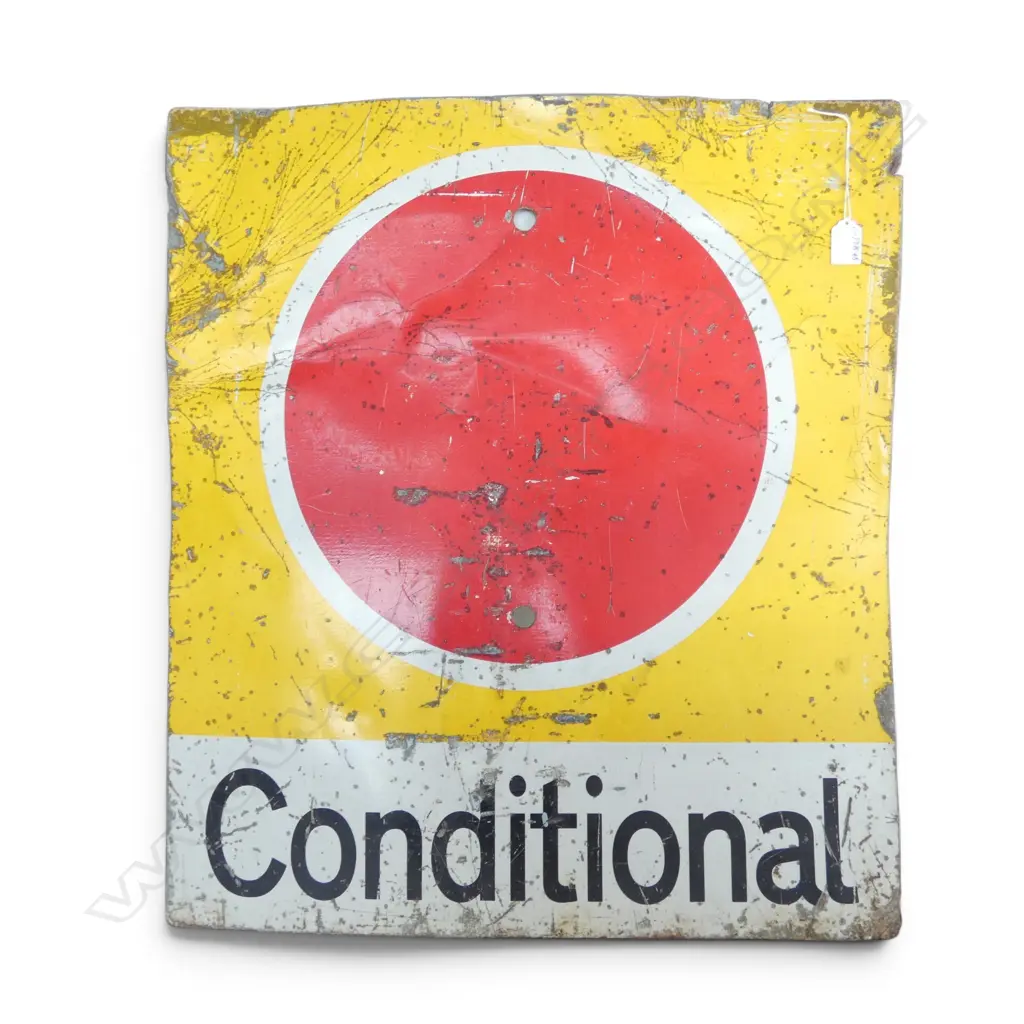 OLD NZR GALVANISED SIGN 'Conditional' in reflective paint. Distressed.680 x 600mm Image 1++