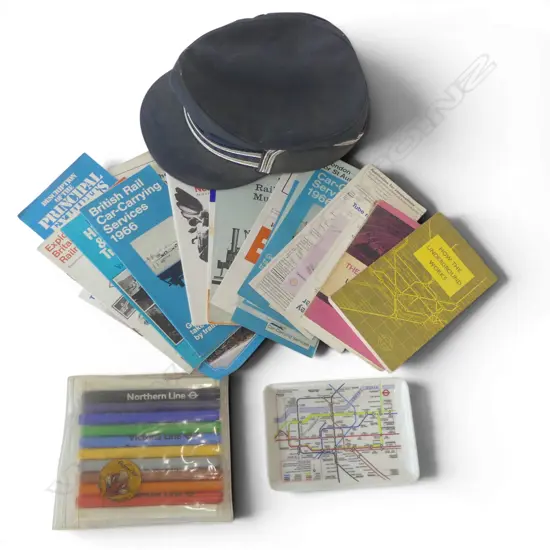 VINTAGE BRITISH RAILWAYS UNIFORM CAP w dble arrow logo + British Railway pamphlets & booklets etc 