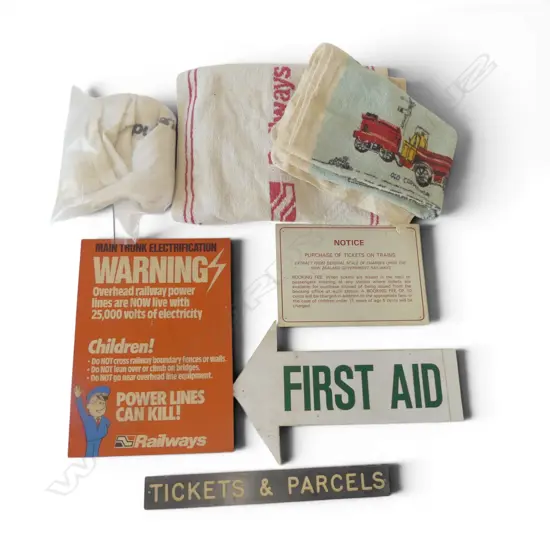 3 VINTAGE NZR TOWELS + TRAIN TOWEL + 4 ex NZR SIGNS: not all marked NZR
