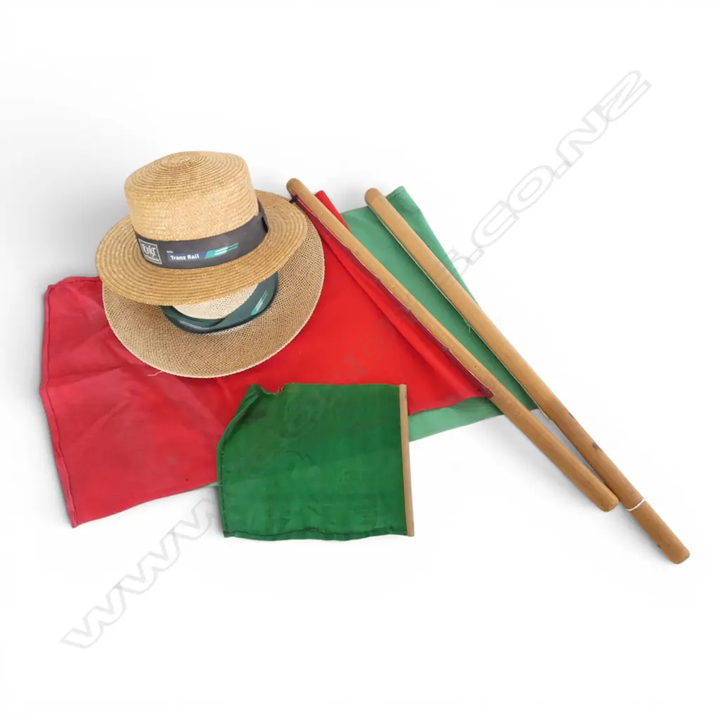 3 NZ RAILWAY SIGNALMEN FLAGS small green waved when train leaving station + 2 hats: Tranzrail promo Image 1++