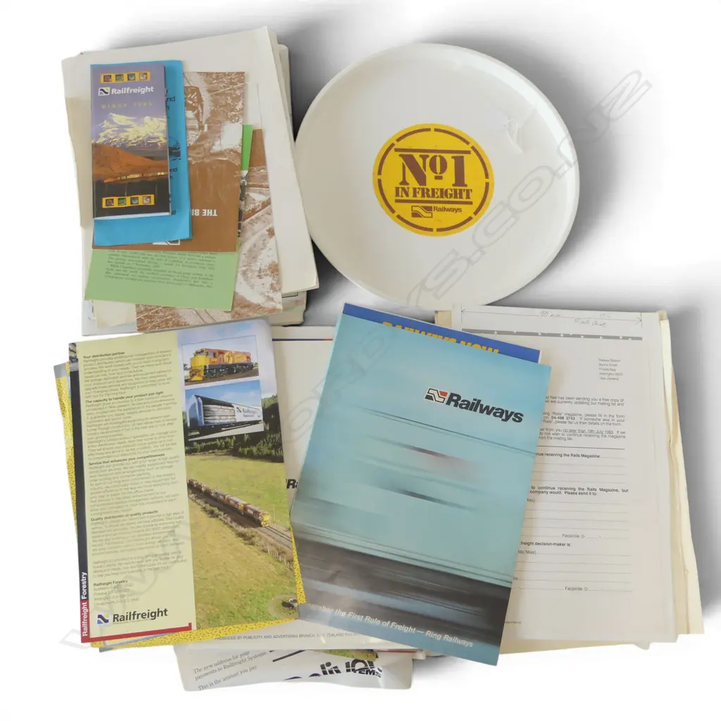 BOX OF NZ RAILWAY PAMPHLETS ETC includes plastic tray 'No.1 IN FREIGHT RAILWAYS' Image 1++