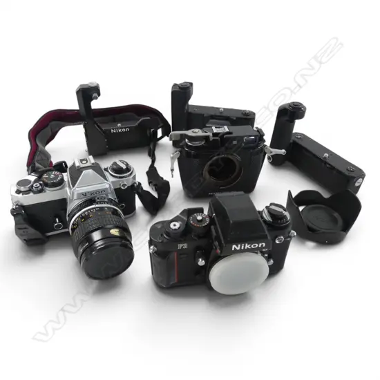ASST. NIKON CAMERA EQUIPMENT: F3 CAMERA + NIKONOS CAMERA BODY + FM CAMERA + 3 MOTOR DRIVES ...