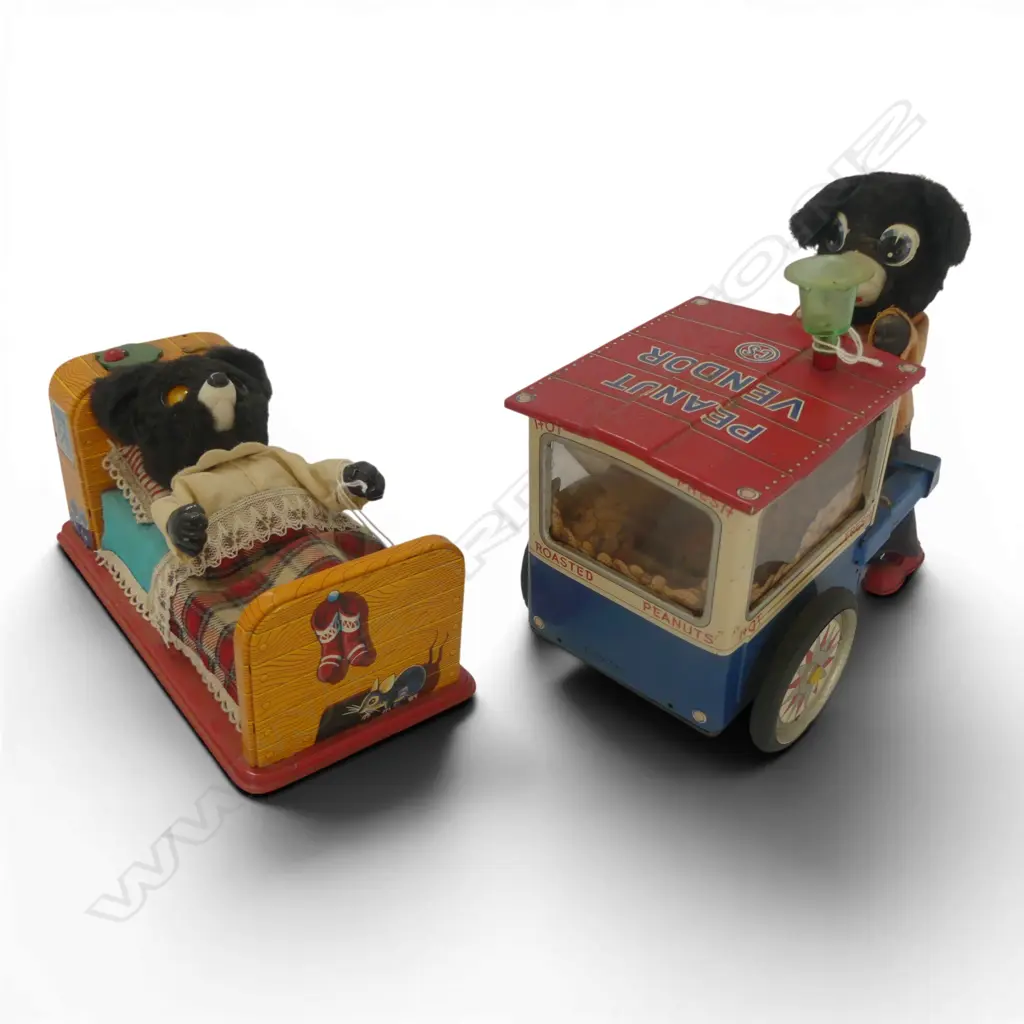 2 VINTAGE MECHANICAL TOY BEARS; PEANUT VENDOR & BEAR in BED, H.220x230mm, 100x220mm  Image 1++