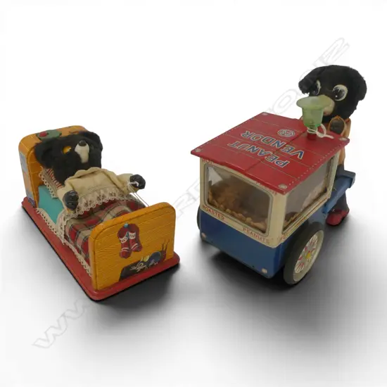 2 VINTAGE MECHANICAL TOY BEARS; PEANUT VENDOR & BEAR in BED, H.220x230mm, 100x220mm 