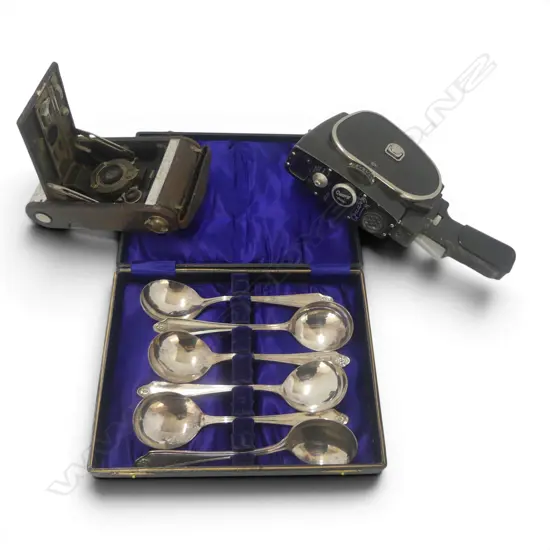 VINTAGE KODAK AUTOGRAPHIC CAM, RUSSIAN QUARTZ M 8mm MOVIE CAM & BOXED SET 6 PLATED SOUP SPOONS