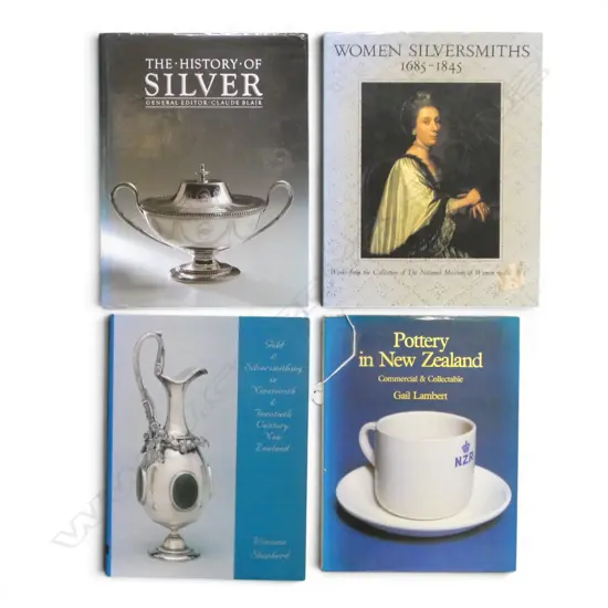 4 BOOKS ON ANTIQUES; 3x SILVER + GAIL LAMBERT POTTERY IN NZ
