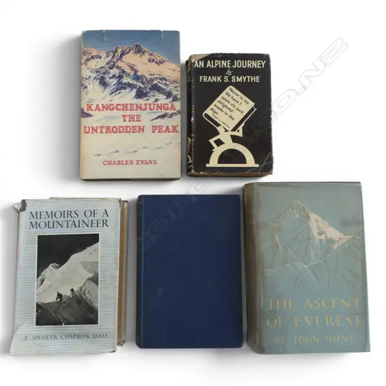 5 VINTAGE MOUNTAINEERING BOOKS ASCENT OF EVEREST, HIGH ADVENTURE (HILLARY), KANGCHENJUNGA ETC