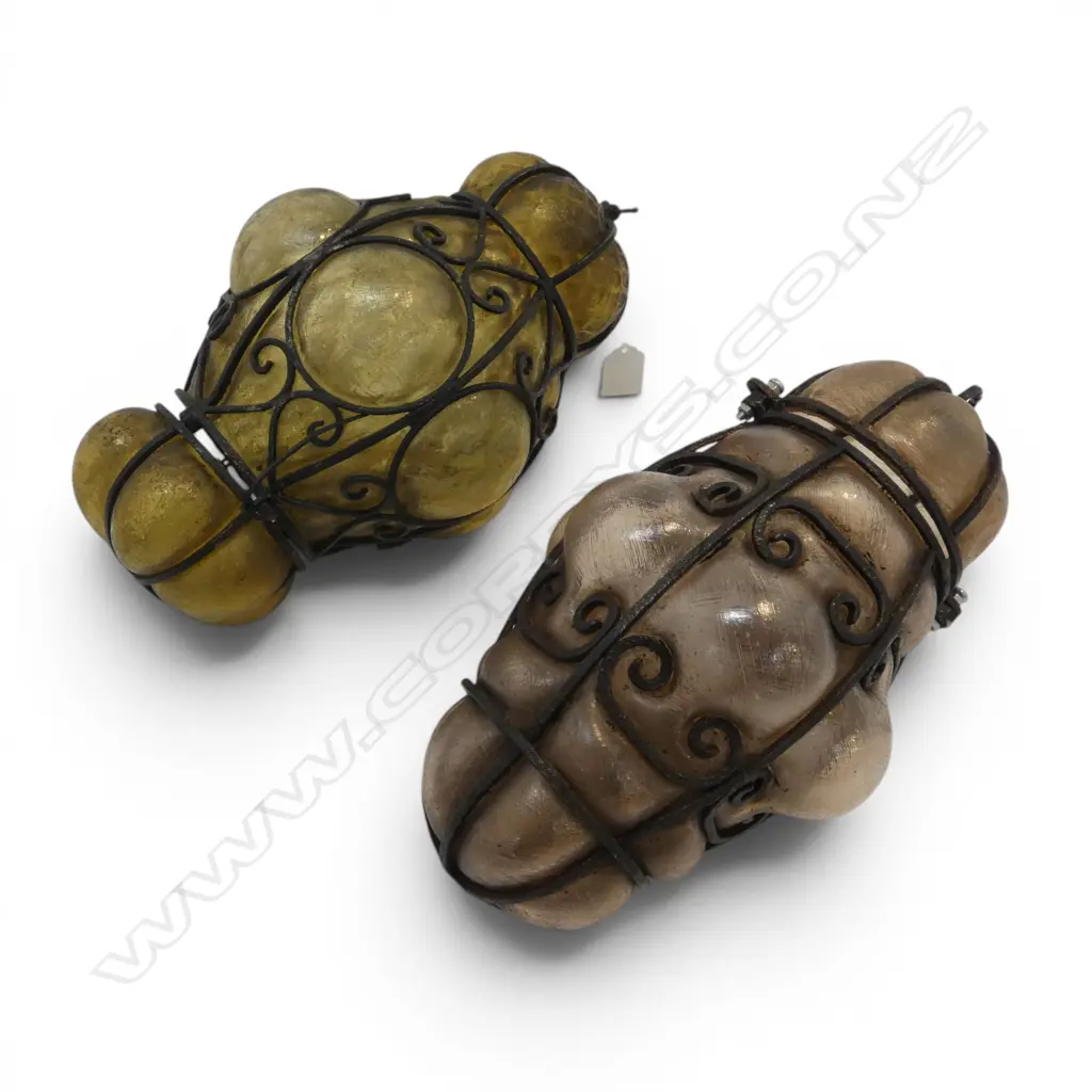 2 MODERN ANTIQUE STYLE CAGED GLASS PENDANT SHADES H.280mm APPROX.  Image 1++
