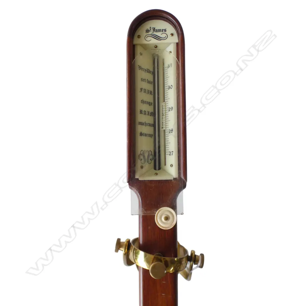 MID / LATE 20thC 'ST. JAMES' mahogany & brass GIMBALLED STICK BAROMETER w thermometer. L.910mm Image 1++